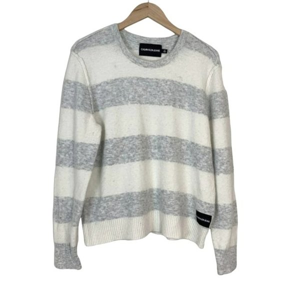 Calvin Klein Jeans Sweaters - CALVIN KLEIN GREY / IVORY STRIPED - MEDIUM - SWEATER